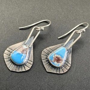 925 Silver Plated Vintage Boho Blue Turquoise Drop Earrings - NEW